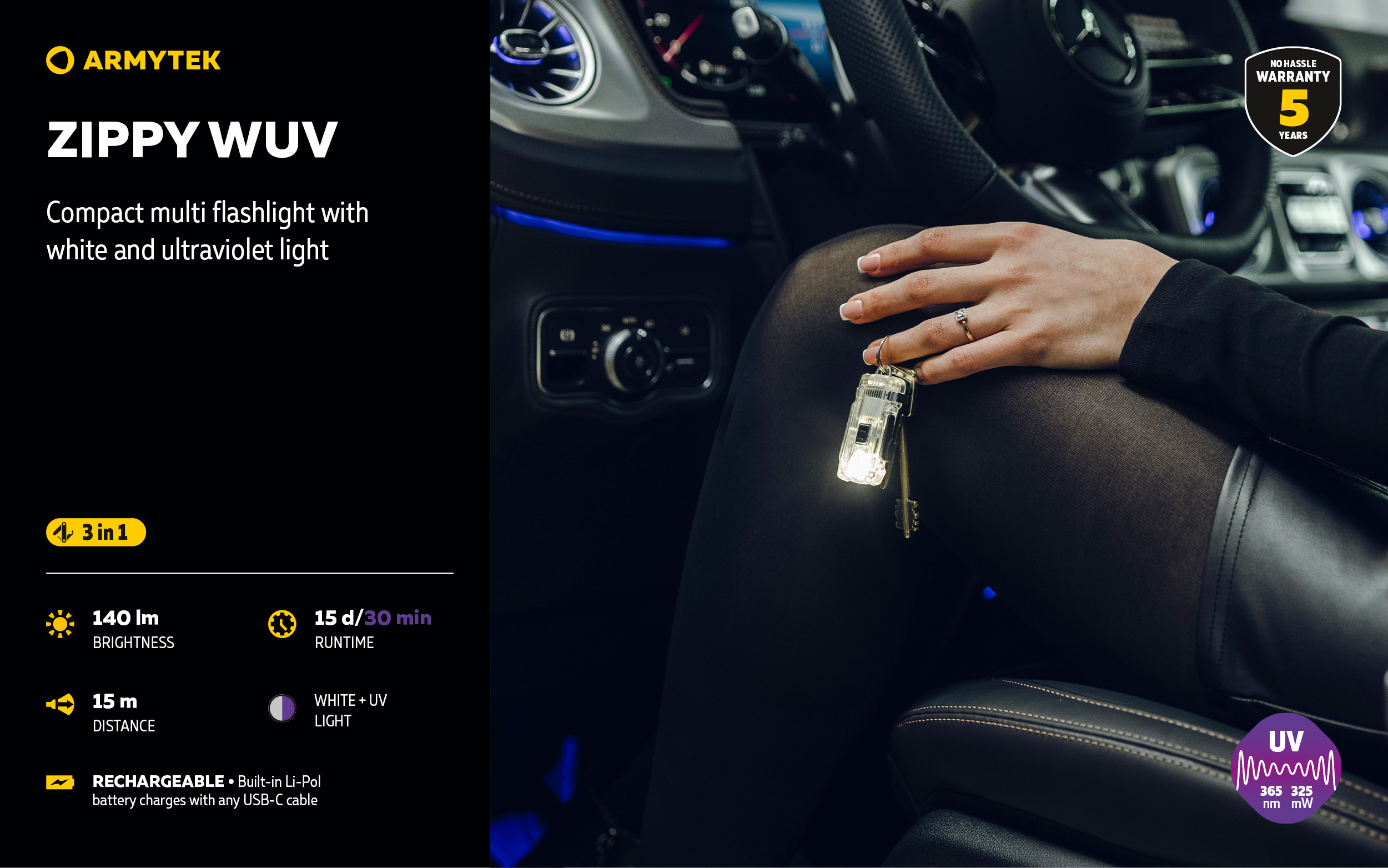 Armytek Zippy WUV USB-C Compact Multi Flashlight with white and uv